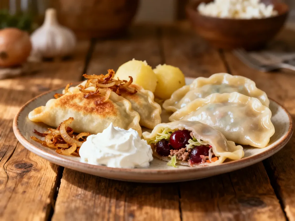 Pierogi ruskie i różnorodne ukraińskie warenyky na drewnianym stole
