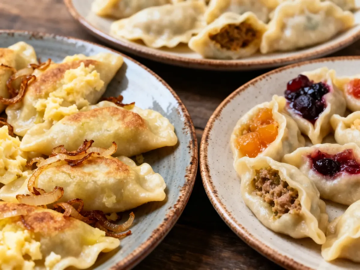 Pierogi ruskie i warenyky z różnymi farszami podane na talerzach